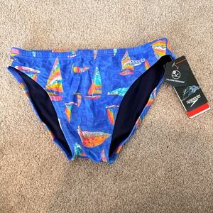 NWT Speedo Flex Men’s Blue Beachstar Print Sailboats Brief 2” Swim Diving SPF 32